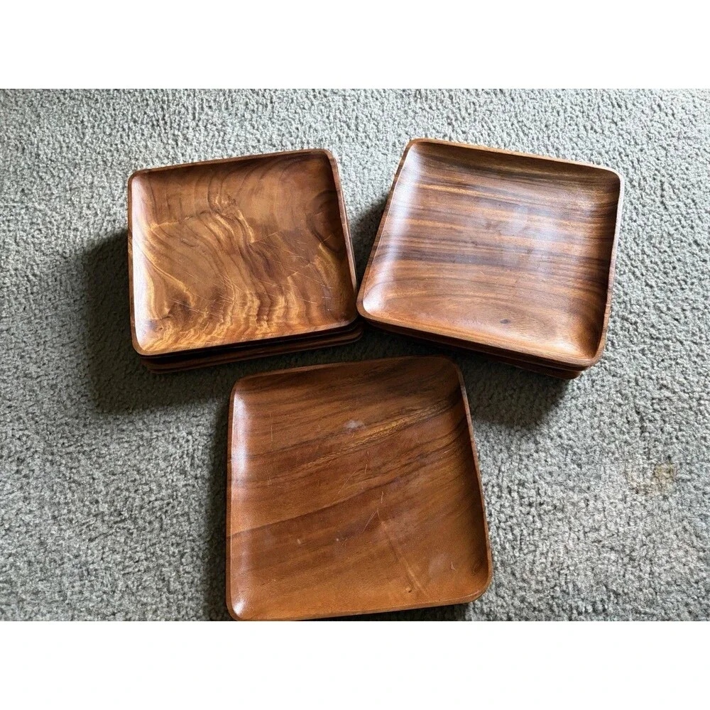10 Square Acacia Wood Dinner Plates, Beautiful Wood Grain Pattern, 12x12